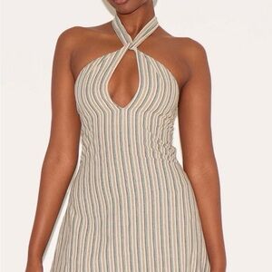 PrettyLittleThing Strapless Dress with Cream and Tan Stripes